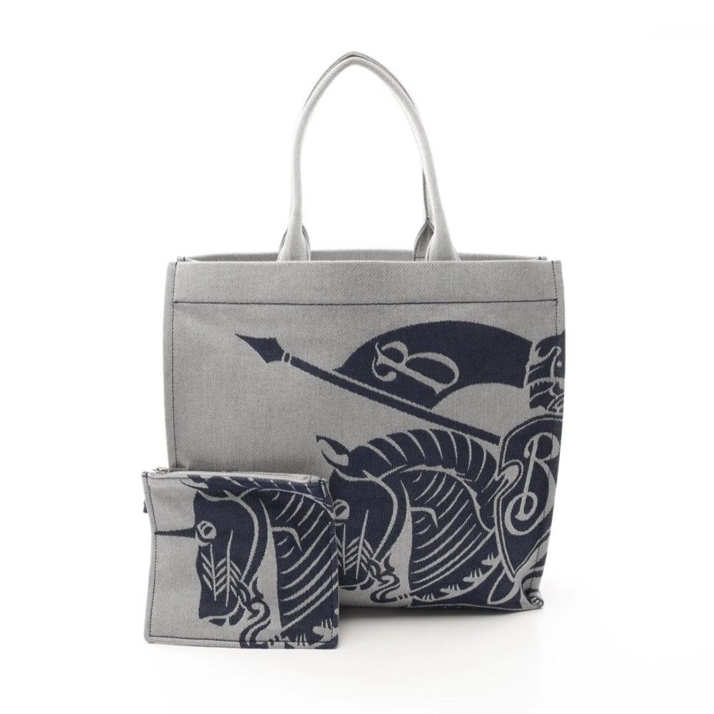 💯Authentic Burberry EKD XL Square Tote Shoulder Bag/Canvas/Light Gray/Navy✨